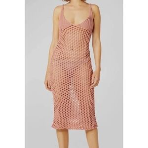 MISA Los Angeles Open Crochet Slip Cotton Dress Coral Sz L NWT